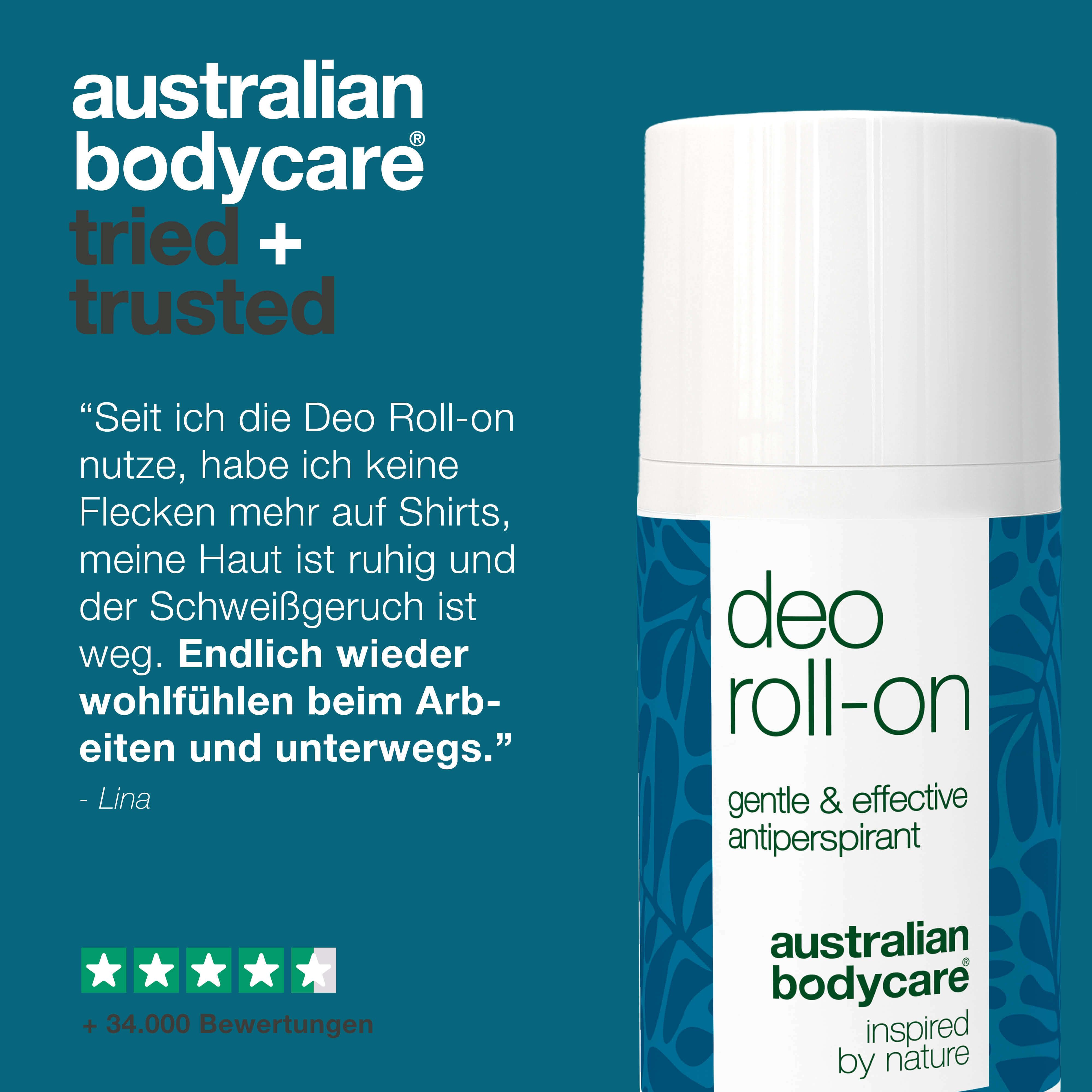 Roll-on-Deo mit Text: Zitat, 5 Sterne Bewertung, 34.000 Bewertungen. Australian Bodycare.