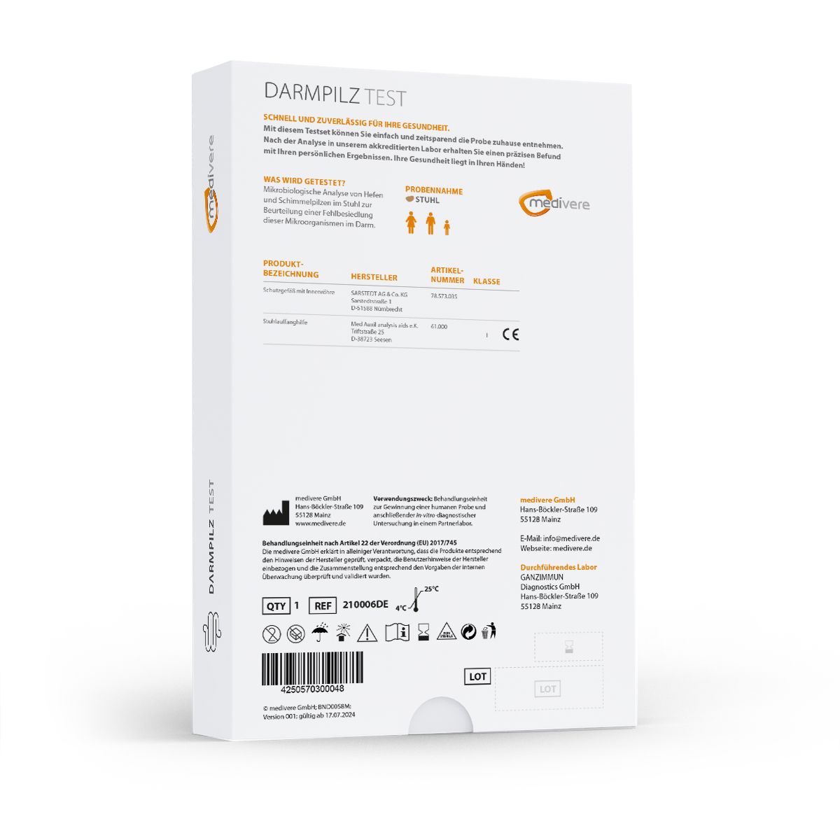 Rückseite der Produktverpackung. Enthält Informationen, Symbole und Text. Marke: medivere. Produkt: Darmpilz Test.