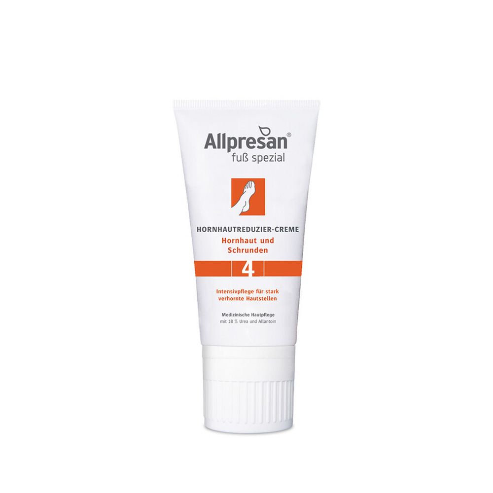 Weiße Tube mit Allpresan Fuß spezial Nr. 4. Orangefarbener Streifen mit Text. Fuß-Symbol. Hornhautreduzier-Creme.