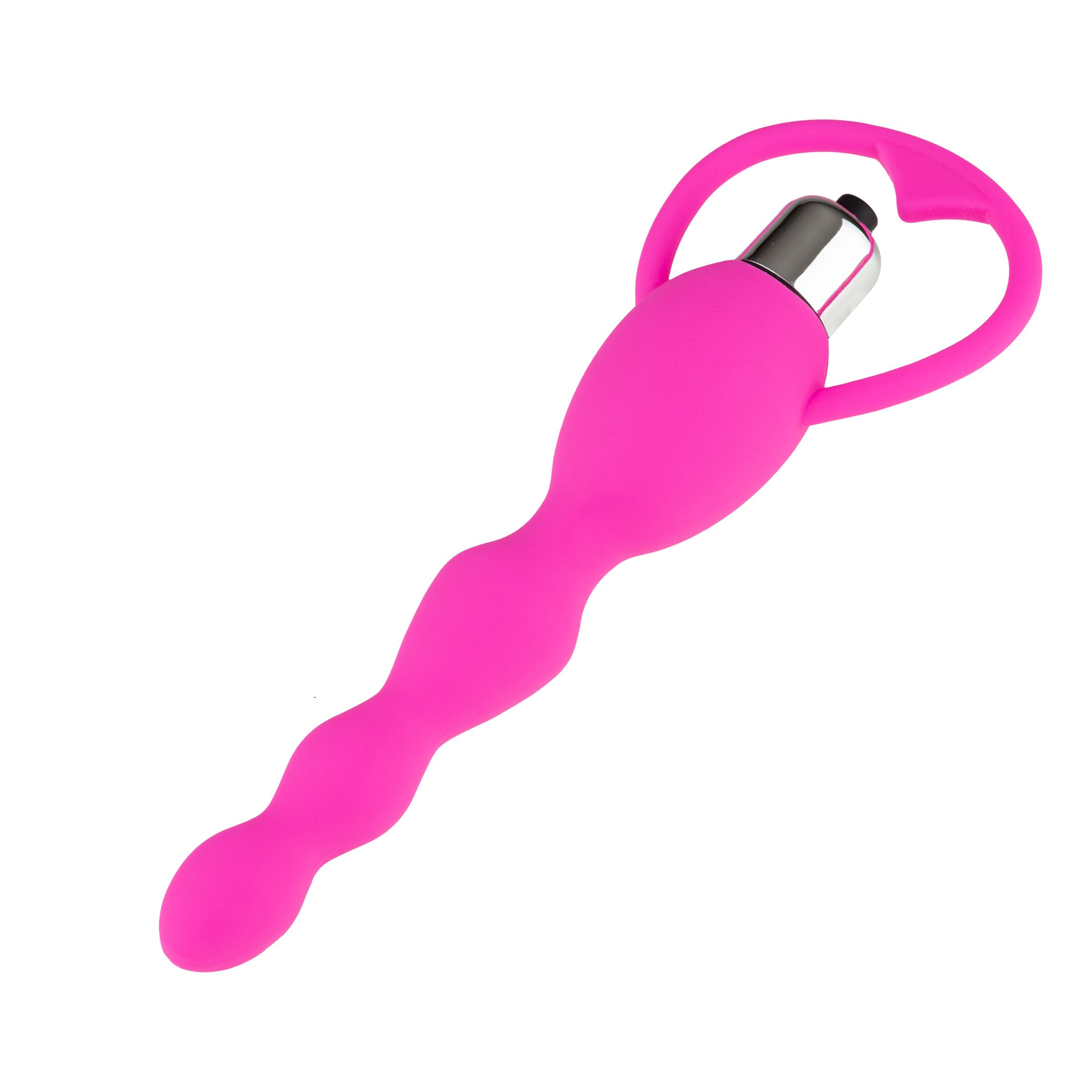 Rosa Vibrator mit wellenförmigem Schaft und herzförmigem Griff. Oberteil mit silberfarbenem Element.