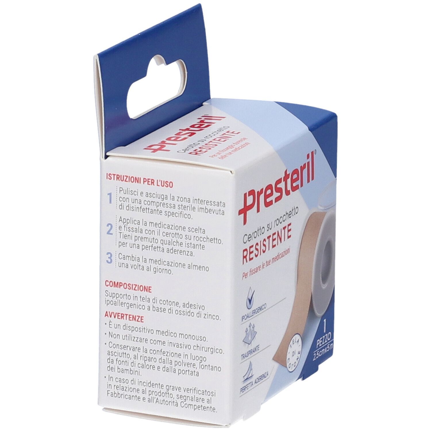 Verpackung von Presteril Cerotto su Rocchetto Resistente. Beige Rolle in geöffneter Schachtel. Anweisungen und Produktinformationen.
