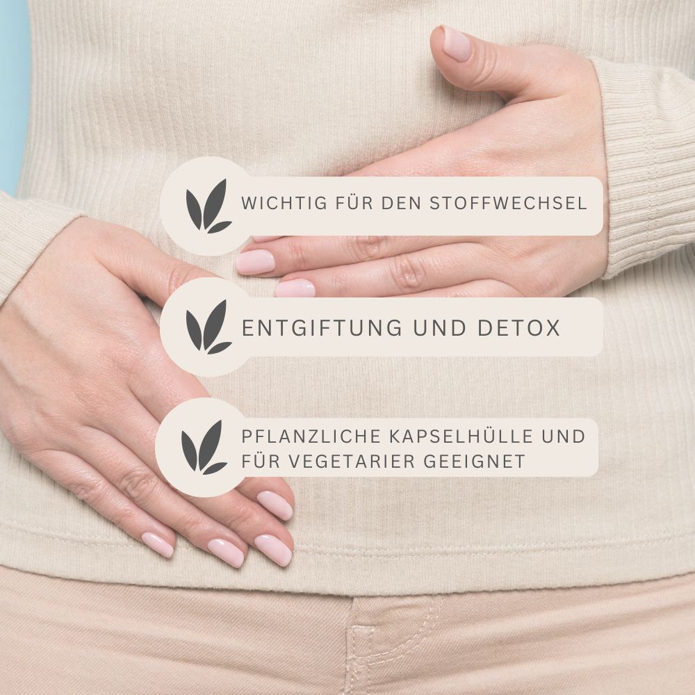 Person hält Hände auf Bauch. Text: Wichtig für Stoffwechsel, Entgiftung und Detox, pflanzliche Kapselhülle, für Vegetarier geeignet.