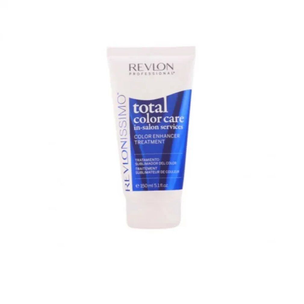 Weiß-blaue Tube mit Produktbezeichnung: Revlonissimo Total Color Care Color Enhancer Treatment. Text in mehreren Sprachen.