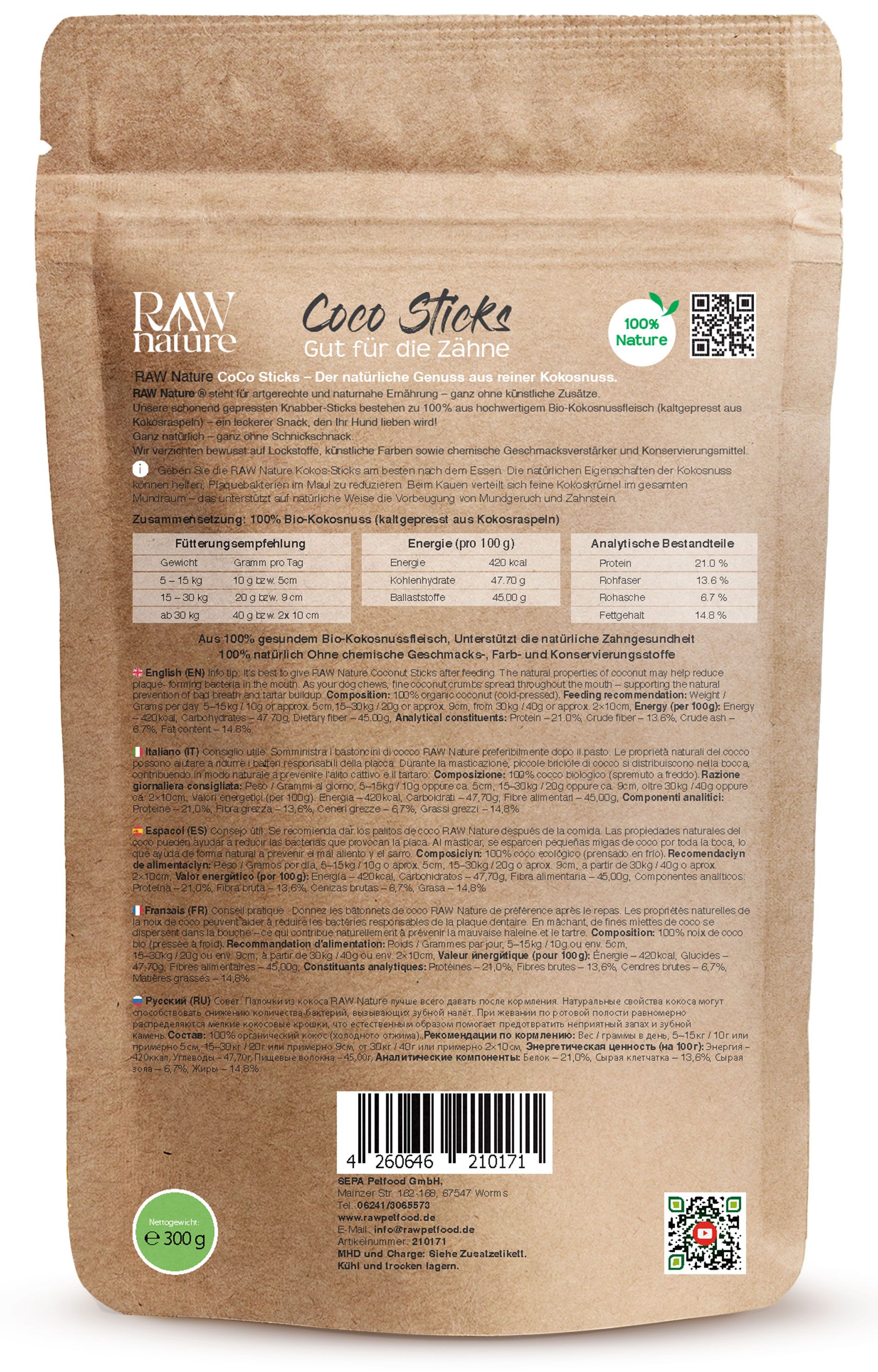 Rückseite der Verpackung mit Informationen zu den Kokos-Sticks. Marke RAW Nature. Text in mehreren Sprachen.