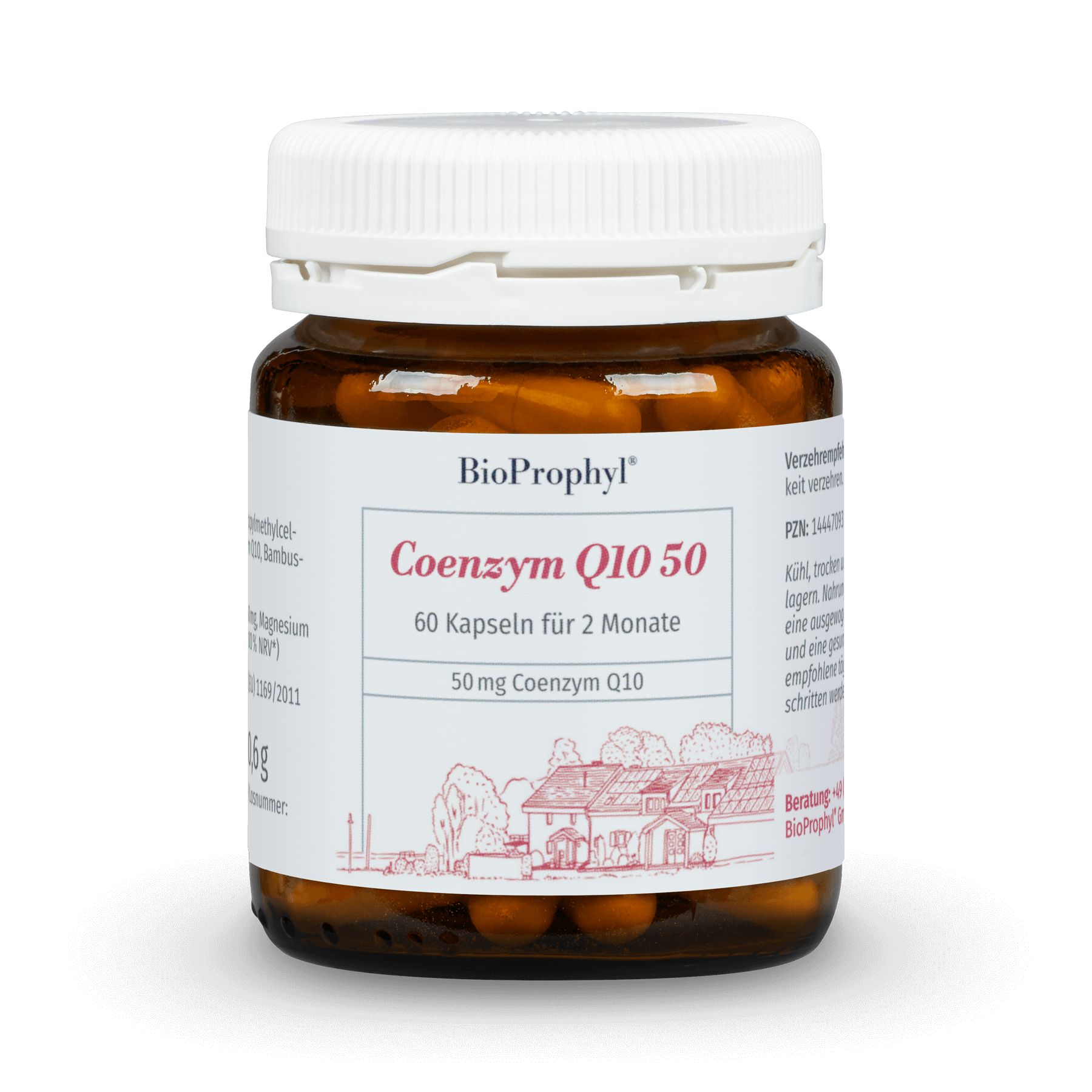 Braune Glasflasche mit weißen Deckel. Etikett mit "BioProphyl Coenzym Q10 50". Enthält 60 Kapseln. Aufschrift "50 mg Coenzym Q10".