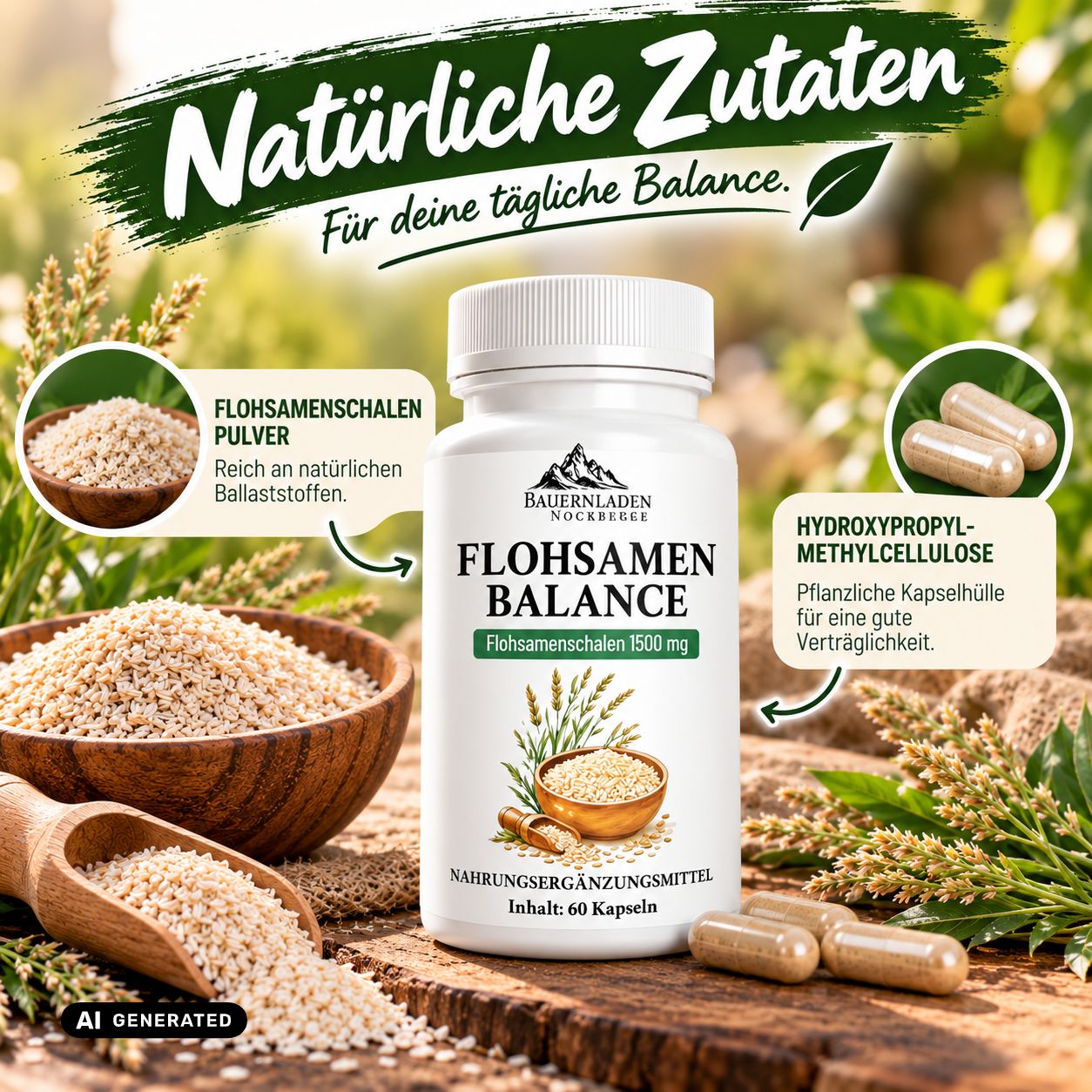 Flasche Flohsamen Balance Kapseln mit 60 Kapseln, umgeben von Flohsamen.