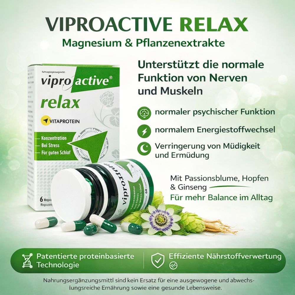 Viproactive® Relax-Produkt, Flasche und Kapseln. Aufschrift: Magnesium & Pflanzenextrakte. Unterstützt Nerven und Muskeln.