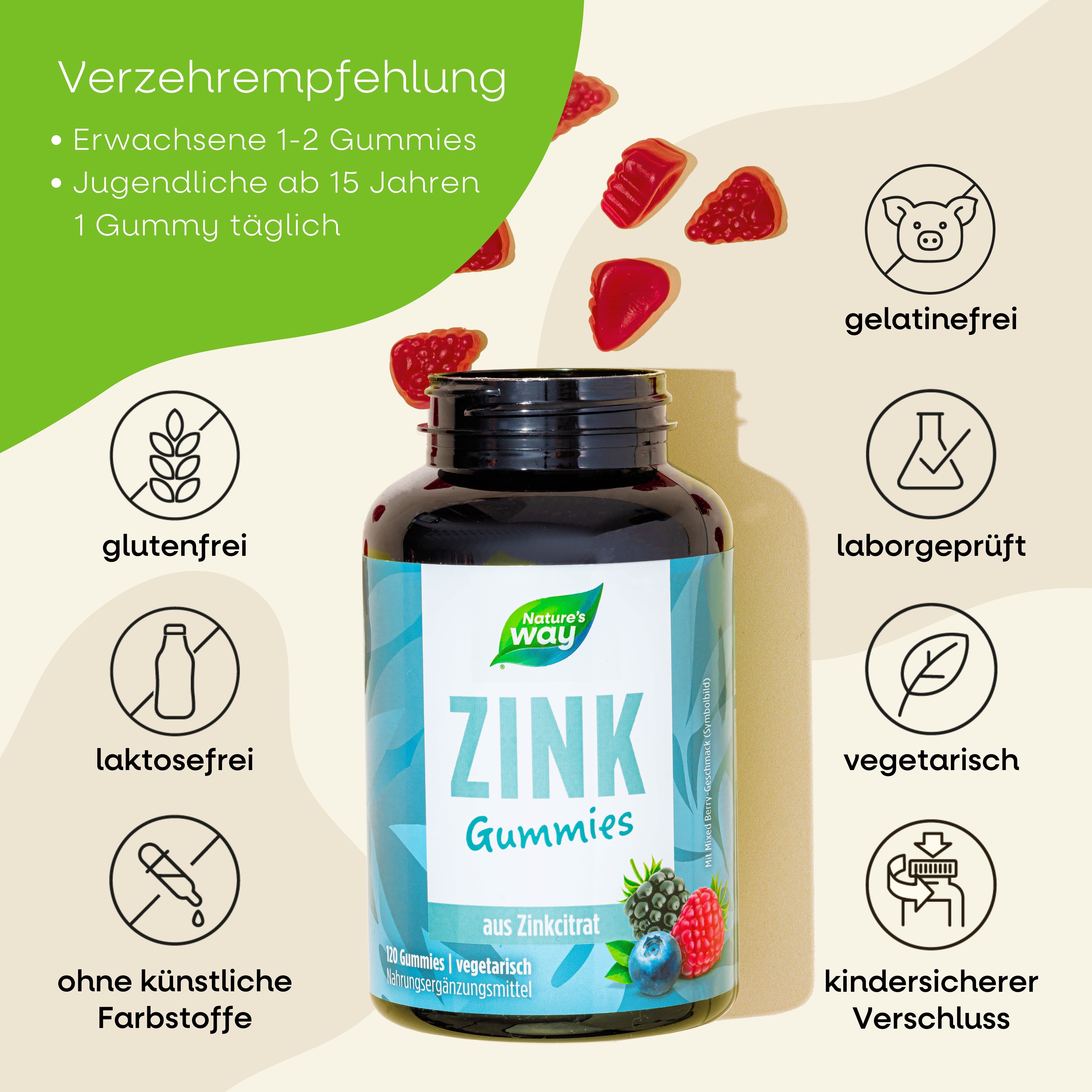 Nature's Way Zink Gummies – Zinkcitrat hochdosiert für Haut, Haare, Nägel & Immunsystem