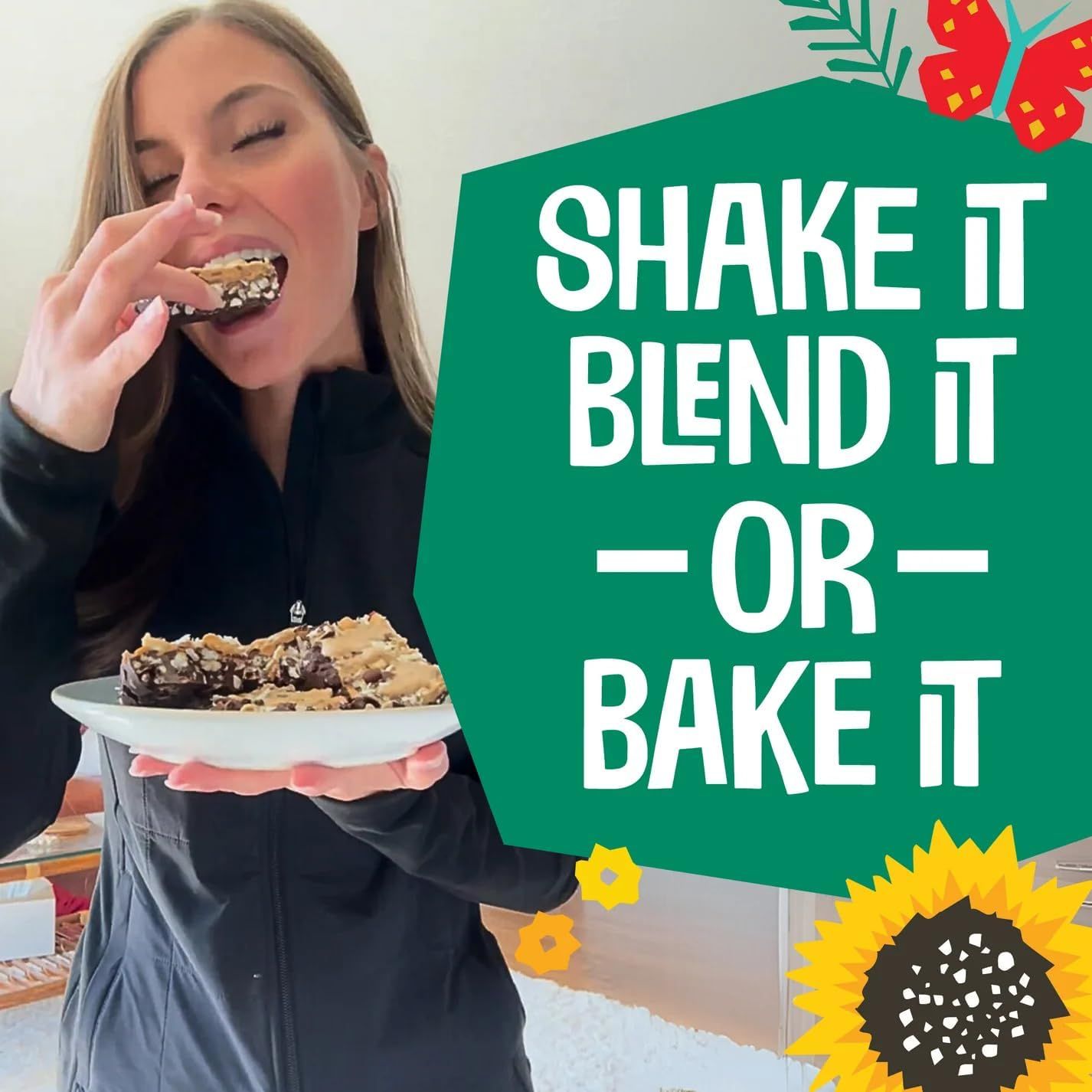 Frau isst einen Riegel. Text: Schütteln, mixen oder backen.