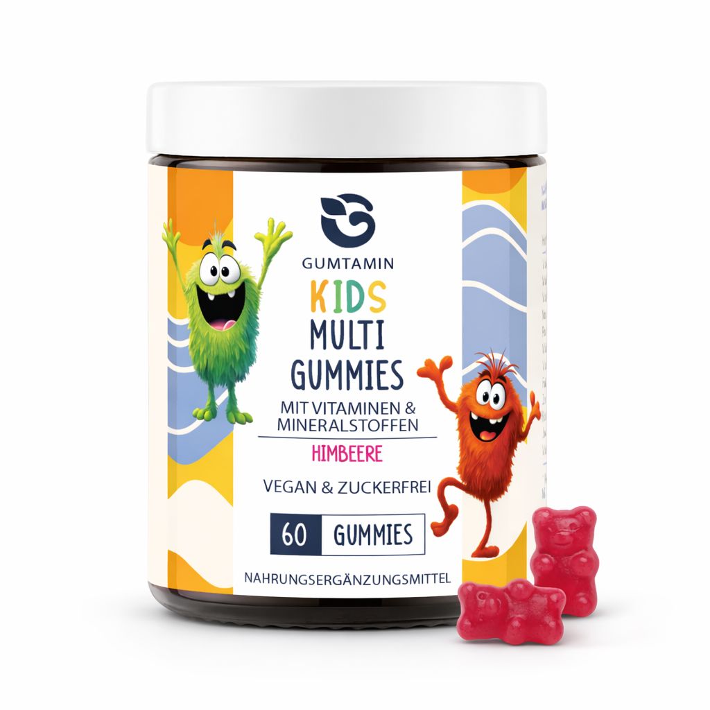 Dose "Gumtamin Kids Multi Gummies" mit 60 Gummibärchen. Himbeergeschmack, vegan und zuckerfrei.