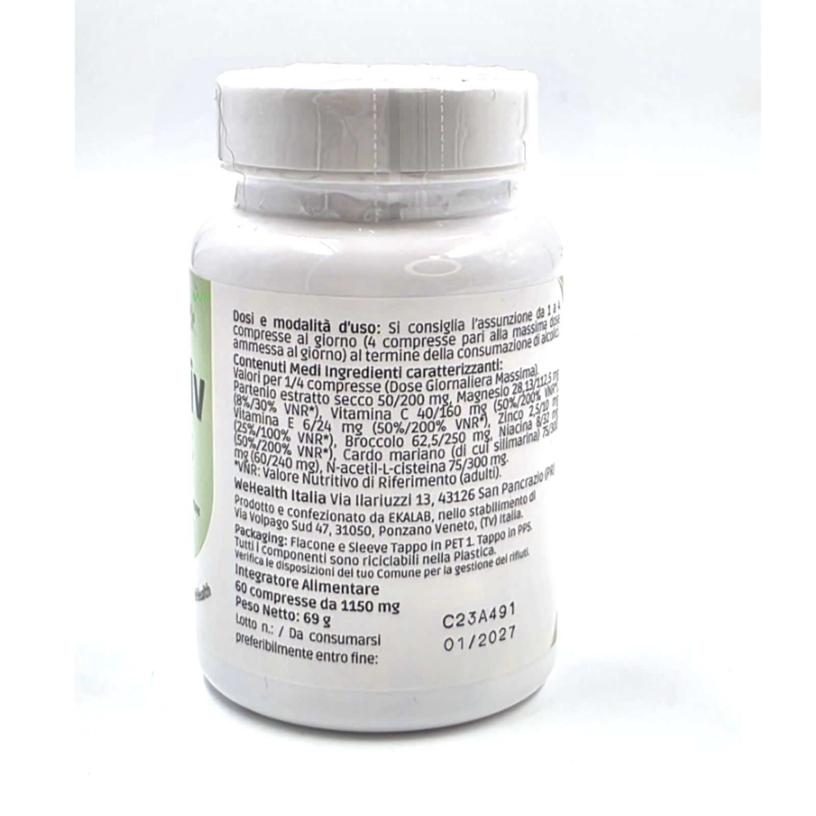 Weiße Flasche mit grünem Etikett. Aufschrift: ReViv PLUS, 60 Tabletten. Marke: WeHealth. Rückseite mit Text und Informationen.