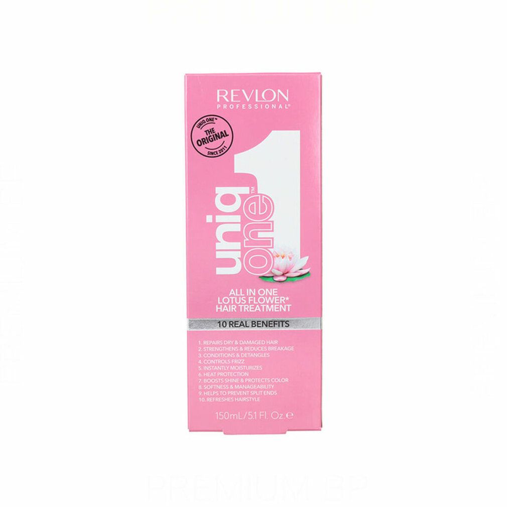 Rosa Verpackung für Haarkur. Aufschrift: Uniq One, Revlon Professional, Lotusblume, 10 Vorteile. Weißer Hintergrund.