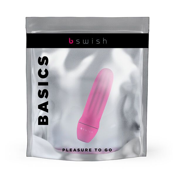Rosa Vibrator in Folienverpackung. Aufschrift "b swish" und "BASICS".
