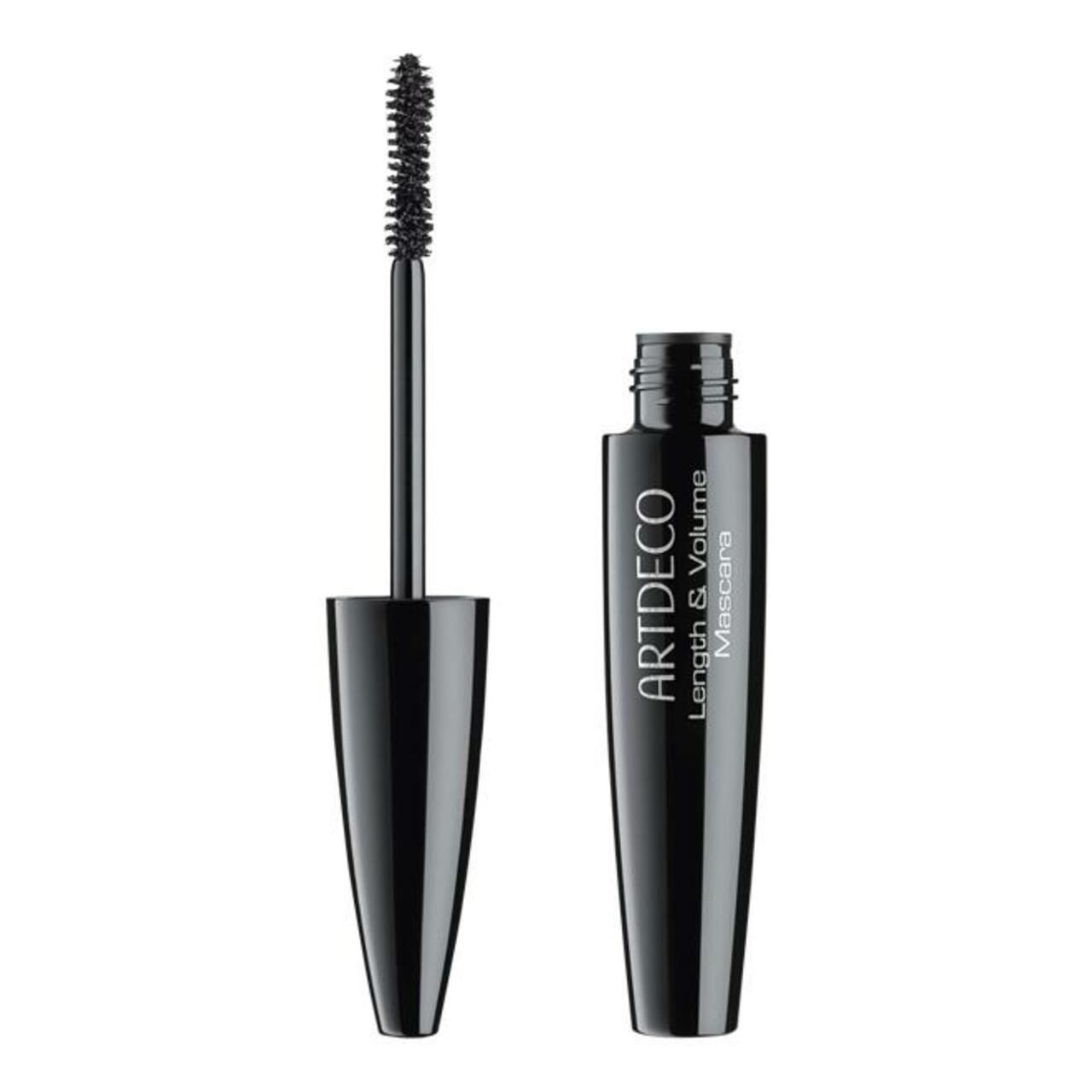 Geöffnete Mascarahülse mit Bürste. Aufschrift: ARTDECO Length & Volume Mascara.