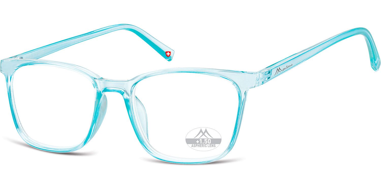 Hellblaue Brille mit runden Gläsern. Schweizer Kreuz am Bügel. Auf einem Glas ist "+1.50" sichtbar.