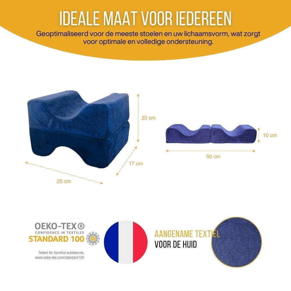 Diagram: afmetingen van het kniekussen. Afmetingen in cm: 25x20x17. Certificering: OEKO-TEX Standard 100.