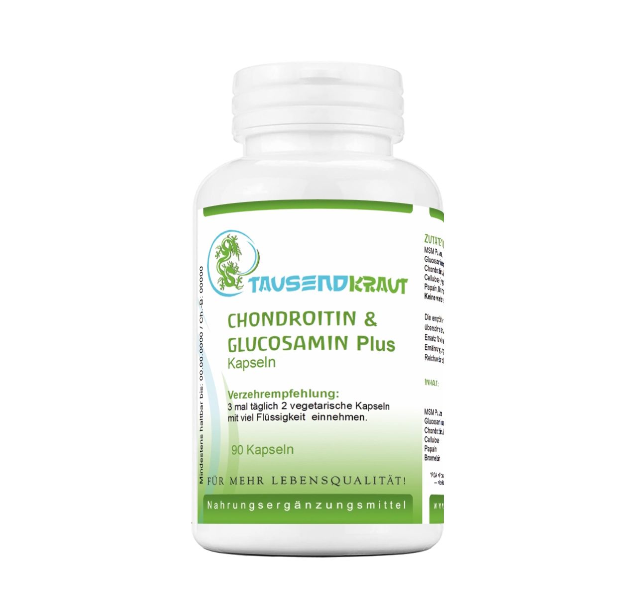 Weiße Flasche mit Kapseln. Aufschrift: Tausendkraut Chondroitin & Glucosamin Plus. 90 Kapseln. Nahrungsergänzungsmittel.
