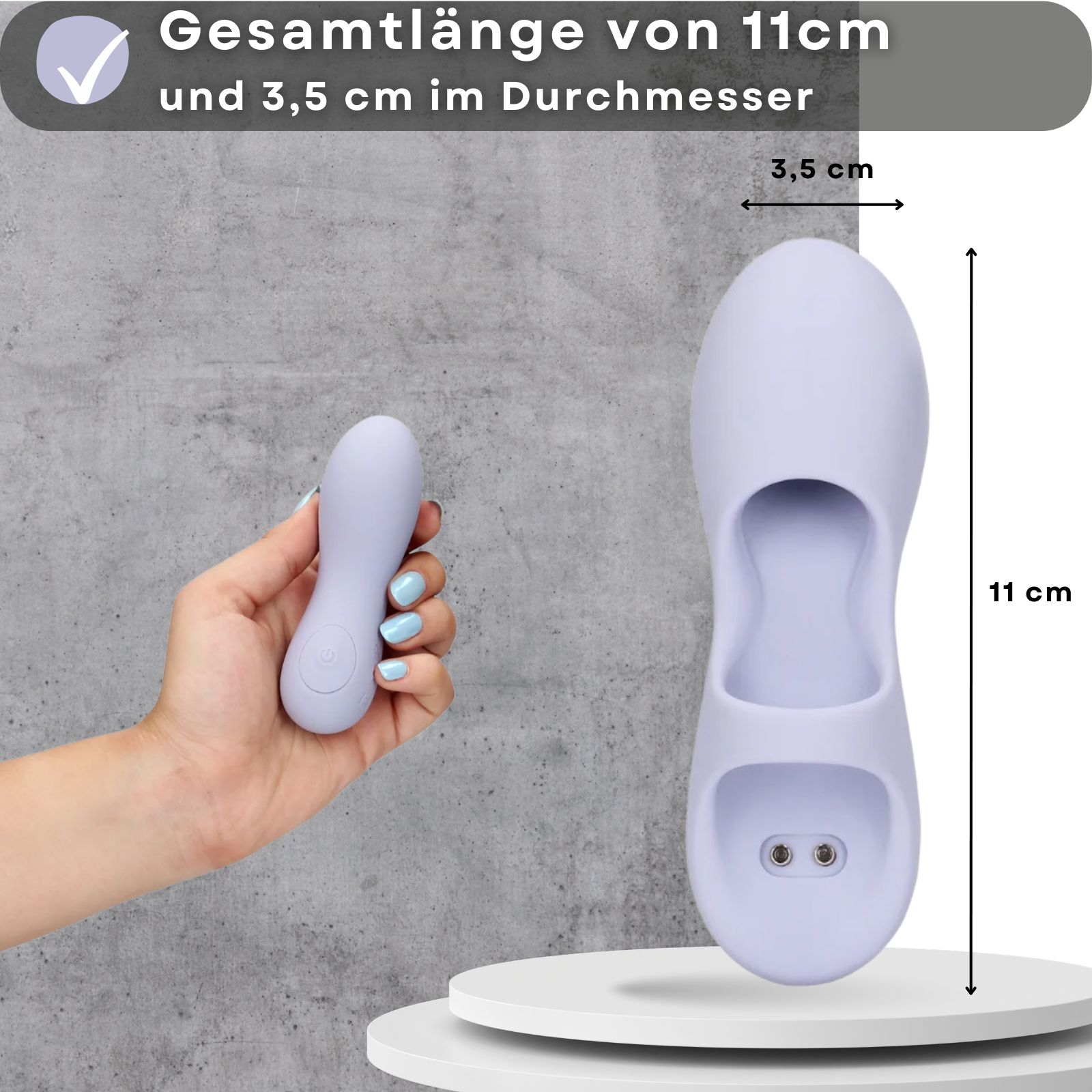 Lila Vibrator, 11 cm lang, 3,5 cm Durchmesser. In Hand gehalten. Daneben: Vibrator.