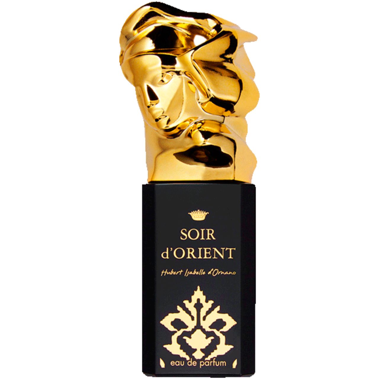 Schwarzer Flakon mit goldfarbenem Kopfaufsatz. Aufschrift: Soir d'Orient, Hubert Isabelle d'Ornano. Eau de Parfum.