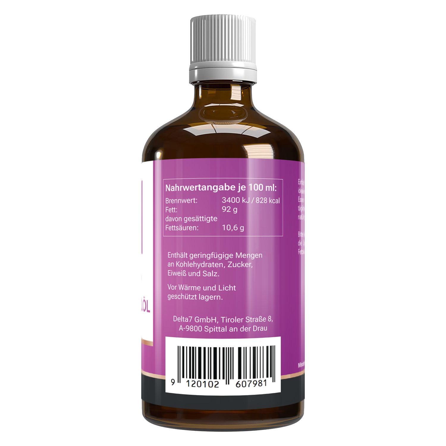 Rückseite der braunen Glasflasche mit weißem Deckel. Text: Nährwertangaben, Herstellerinformationen, Barcode.