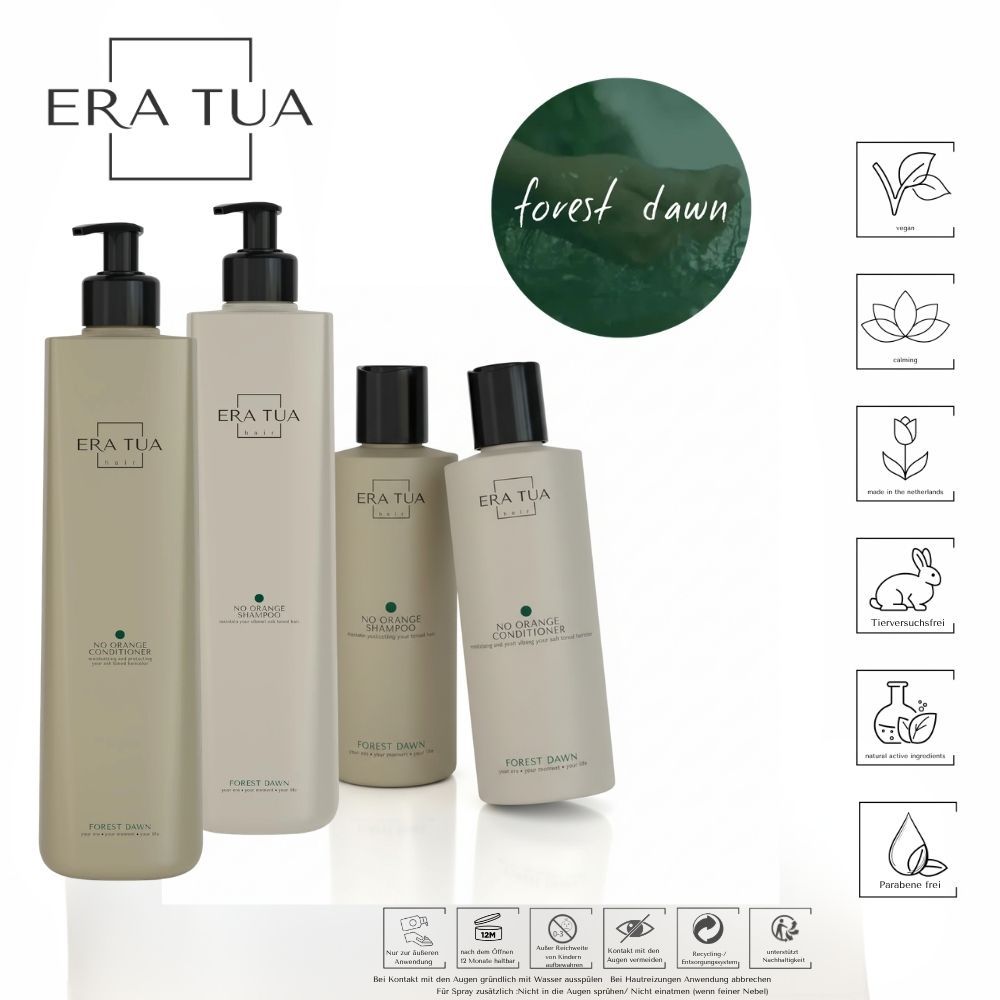 Mehrere Flaschen und Behälter. Aufschrift: Era Tua, Forest Dawn. Produkte: Conditioner, Shampoo, etc. Vegan-Siegel, weitere Zertifizierungen.