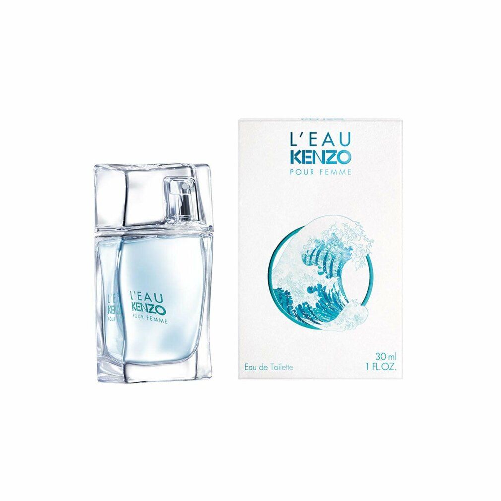 Kenzo L'Eau Pour Femme Edt Spray. Flakon und Verpackung mit Wellenmotiv. Aufschrift: L'Eau Kenzo Pour Femme.