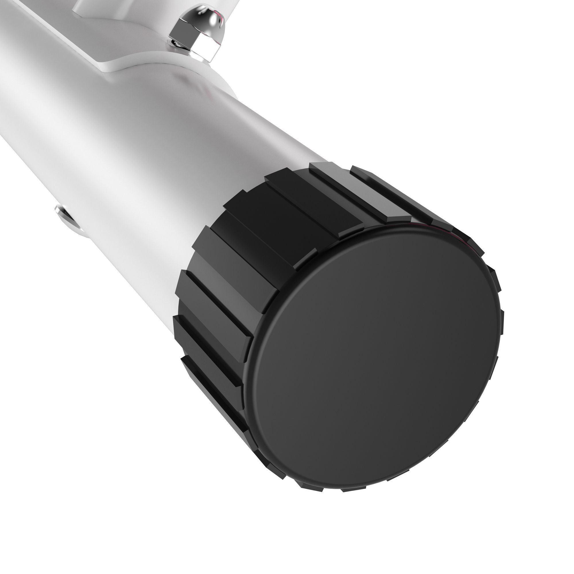 Nahaufnahme eines schwarzen, geriffelten Fußes eines Fahrradtrainers. Runde Form mit schwarzem Gummipuffer.