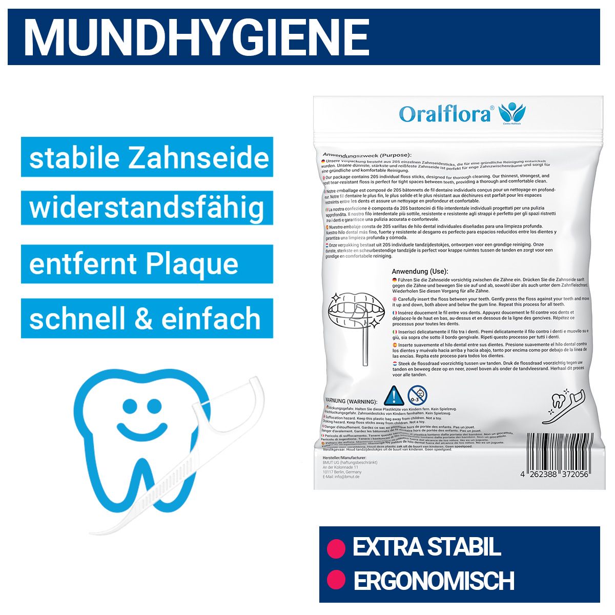 Zwei Packungen Zahnseide-Sticks. Aufschrift: Zahnseide-Sticks. Text: Stabile Zahnseide, entfernt Plaque, schnell & einfach. Extra stabil, ergonomisch.