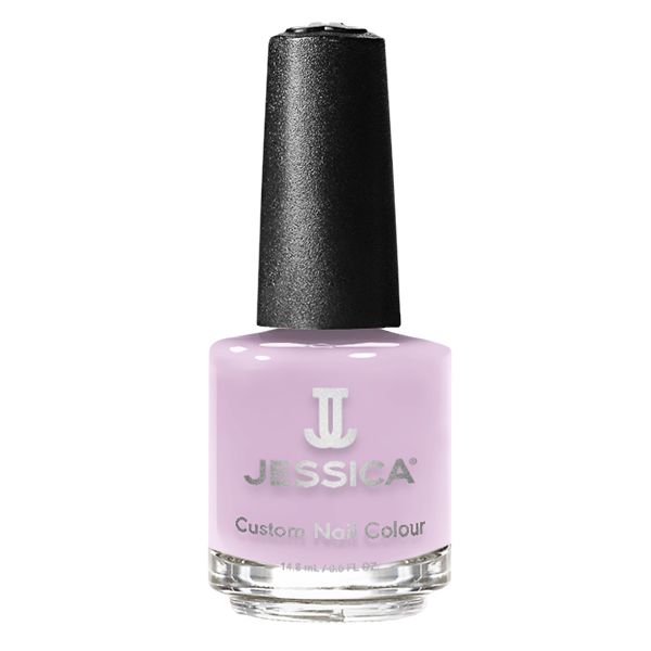 Flasche Nagellack, helllila. Schwarzer Deckel. Aufschrift: JESSICA Custom Nail Colour.