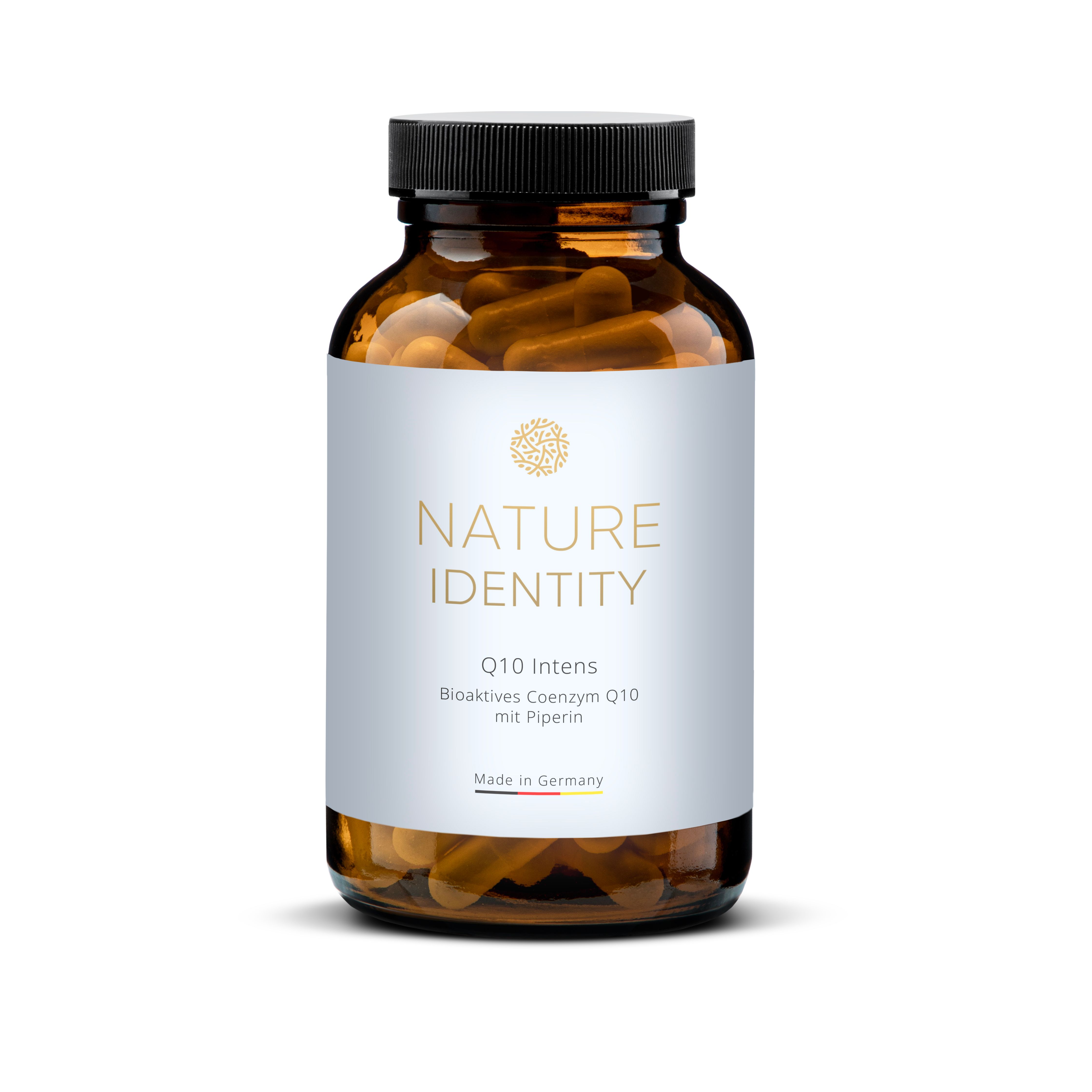 Braune Flasche mit Kapseln. Aufschrift: Nature Identity, Q10 Intens. Made in Germany.