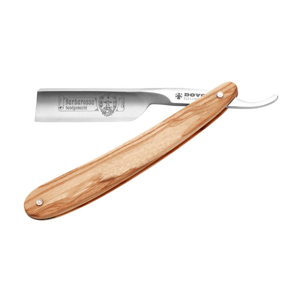 Rasiermesser mit Klinge aus Edelstahl und Griff aus Olivenholz. Klinge mit Gravur.