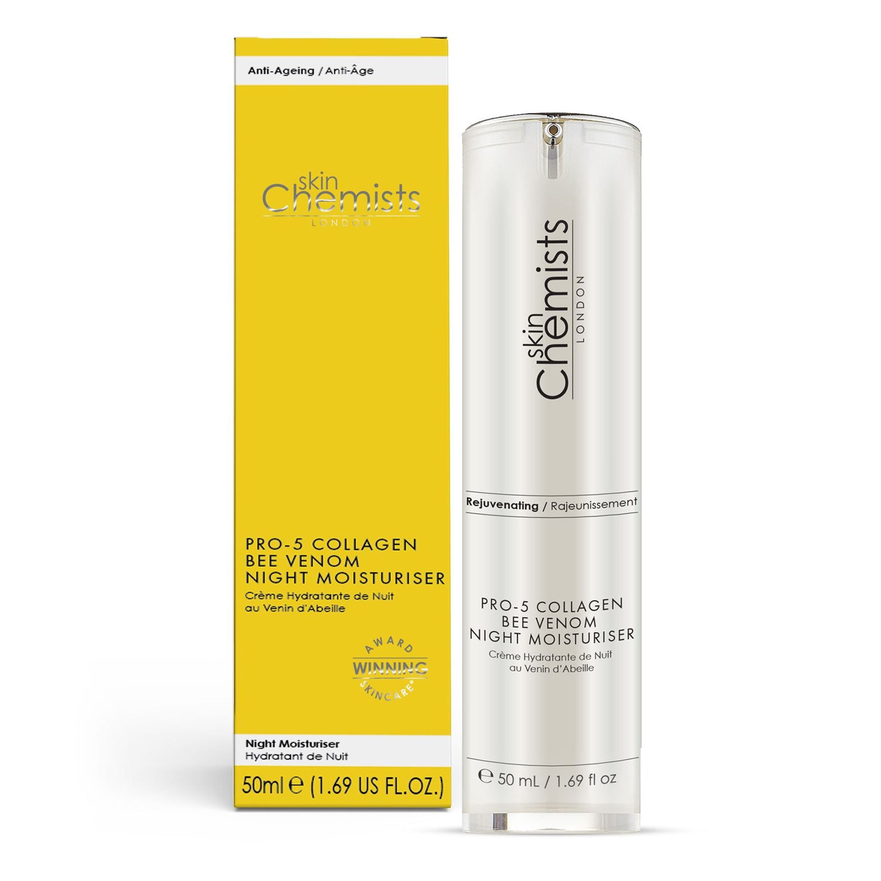 Skin Chemists Pro-5 Collagen Bienengift Nachtcreme mit Verpackung.