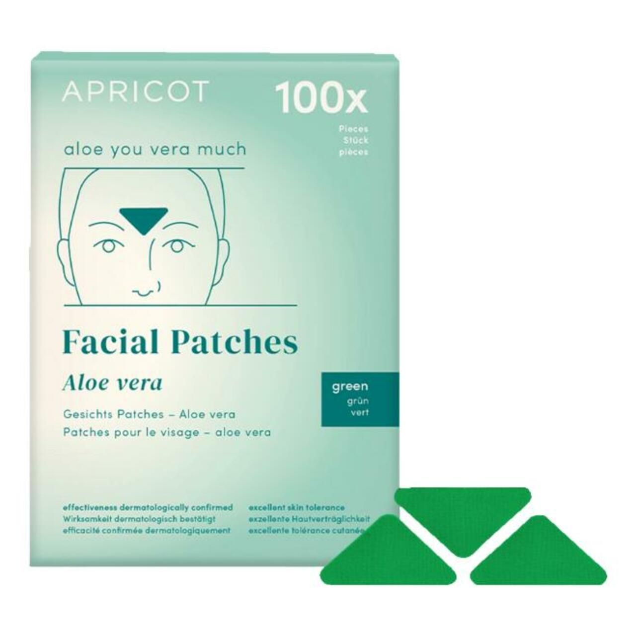 APRICOT Facial Patches Verpackung. Text: Aloe vera, 100x. Grüne dreieckige Patches. Grün-weiße Verpackung.