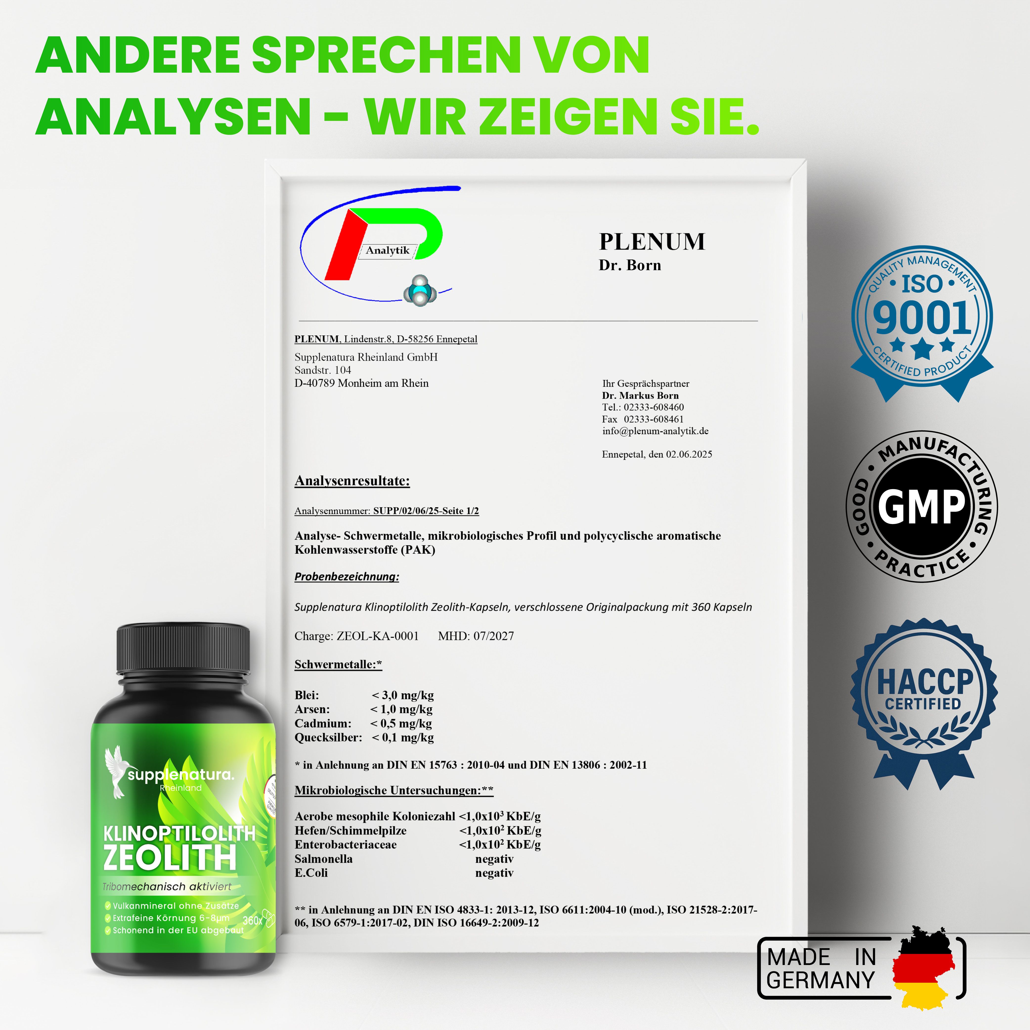 Produktflasche neben Analysebericht. Zertifizierungen: ISO 9001, GMP, HACCP. Text: Andere sprechen von Analysen - wir zeigen Sie.