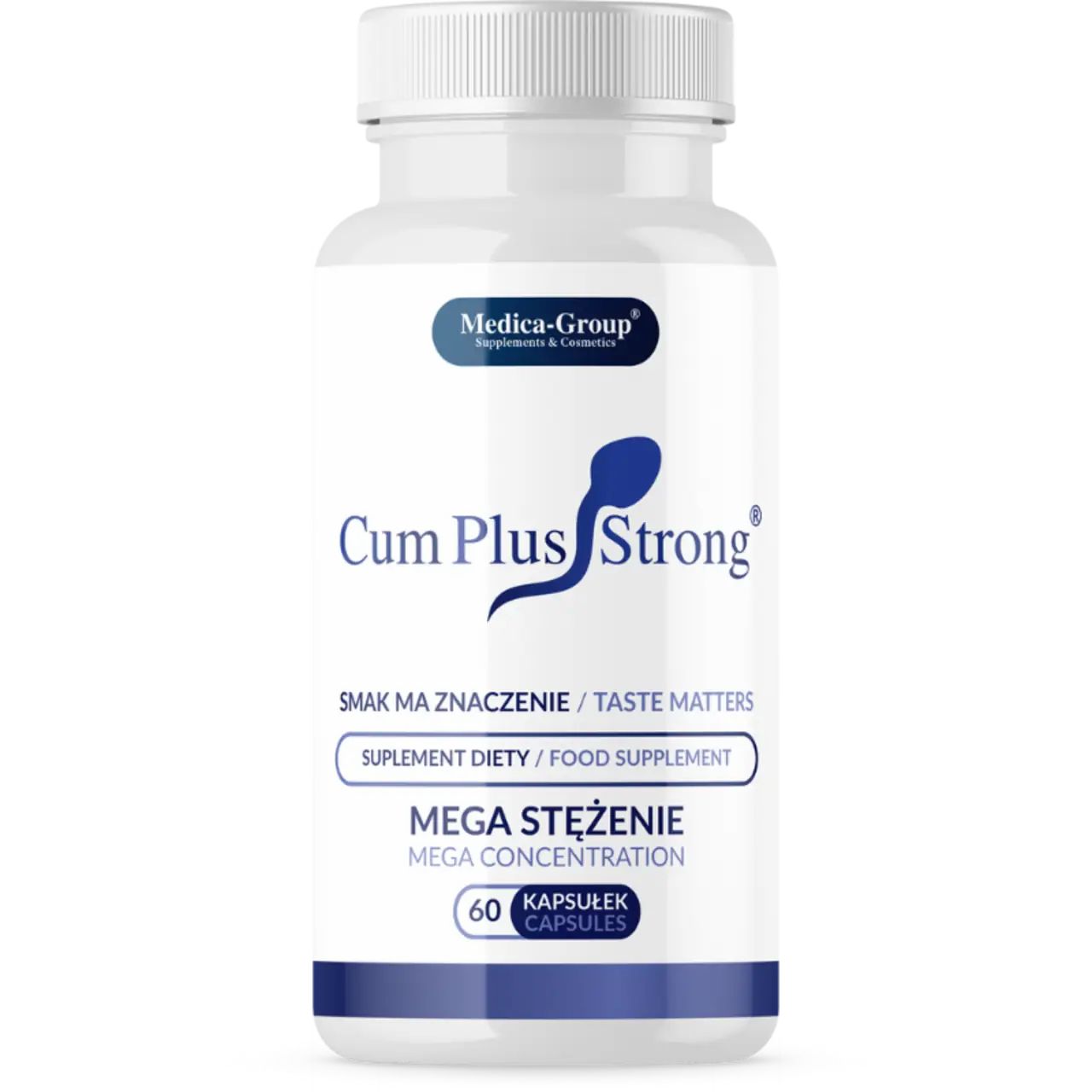 Weiße Flasche mit Produktaufdruck. Aufschrift: Cum Plus Strong, 60 Kapseln. Marke: Medica-Group.