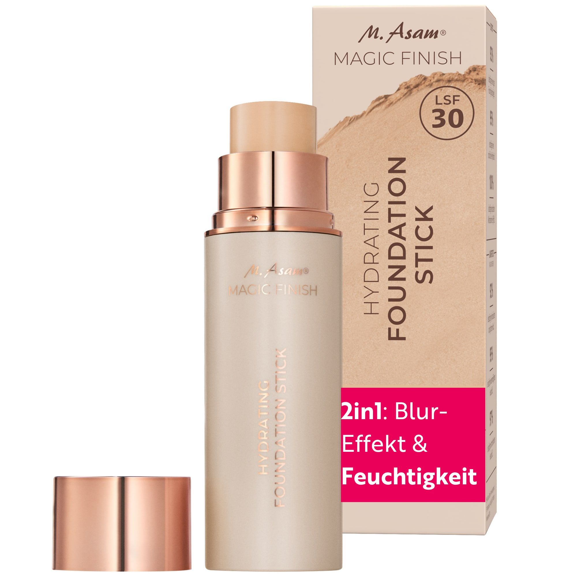 M. Asam Hydrating Foundation Stick LSF 30 in Soft Ivory mit Verpackung. Enthält Hyaluron und Ceramide.