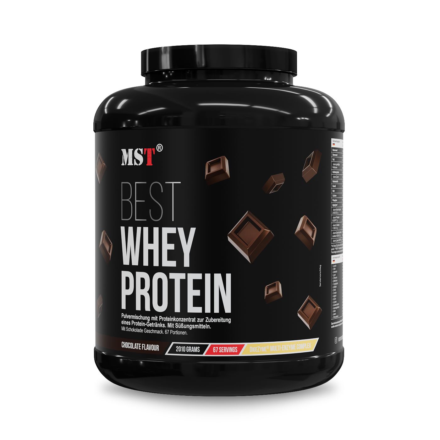 Große schwarze Dose MST Best Whey Protein mit Schokoladenstück-Design. 2010g, 67 Portionen.