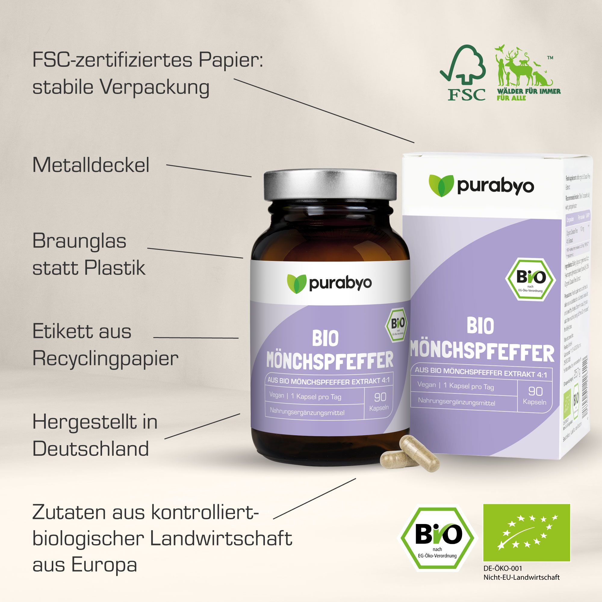 Braunglasflasche und Schachtel mit Produktetikett. Aufschrift: BIO Mönchspfeffer, 90 Kapseln. Bio-Siegel. FSC-Zertifizierung.
