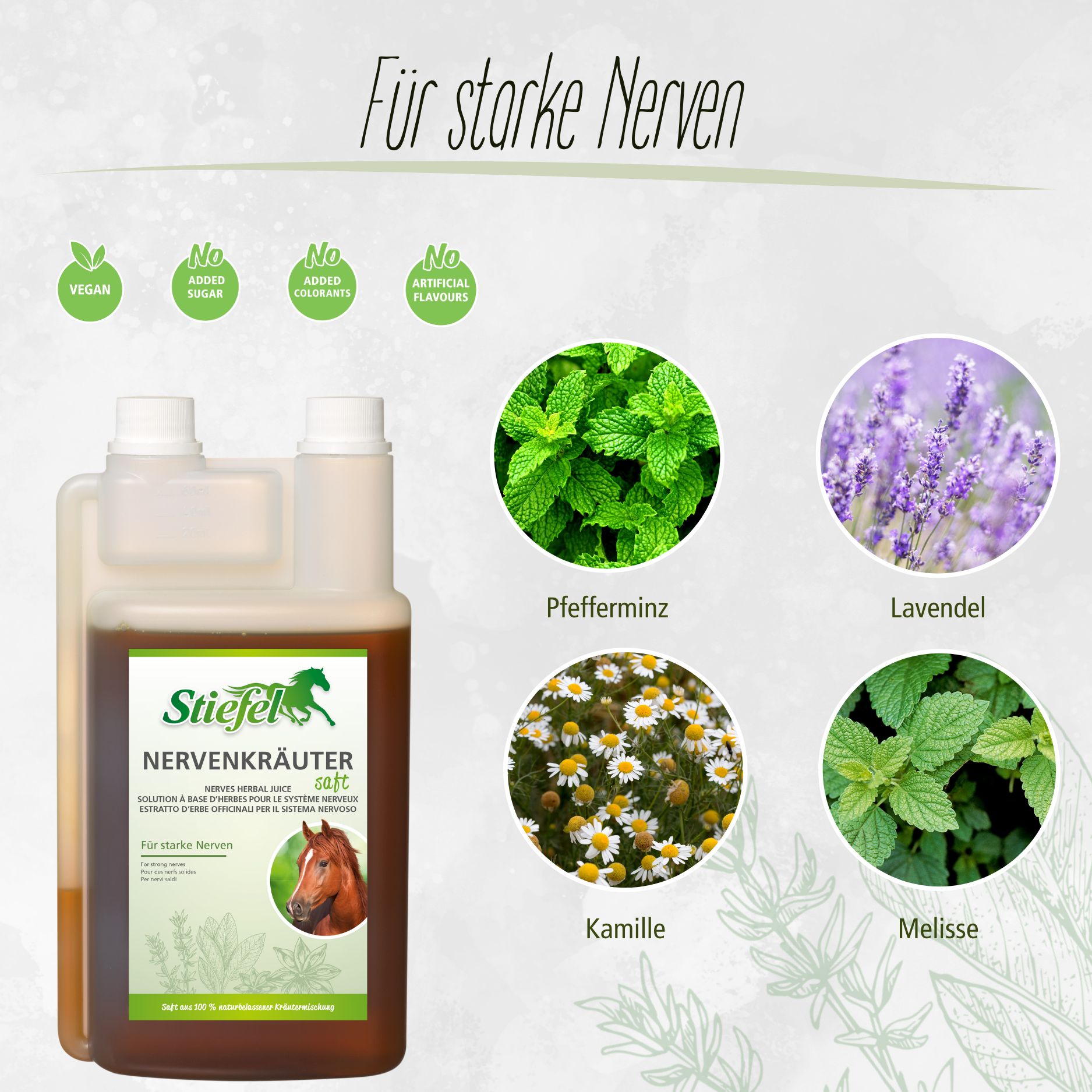 Produktflasche mit Stiefel Nervenkräutersaft, Kräuterabbildungen: Pfefferminze, Lavendel, Kamille, Melisse. Vegan, ohne Zucker, ohne Zusatzstoffe, ohne Aromen.