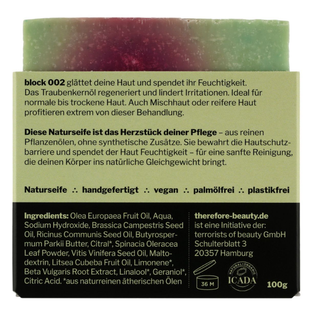 Rückseite der therefore beauty Naturseife mit Inhaltsstoffen und Produktinformationen.
