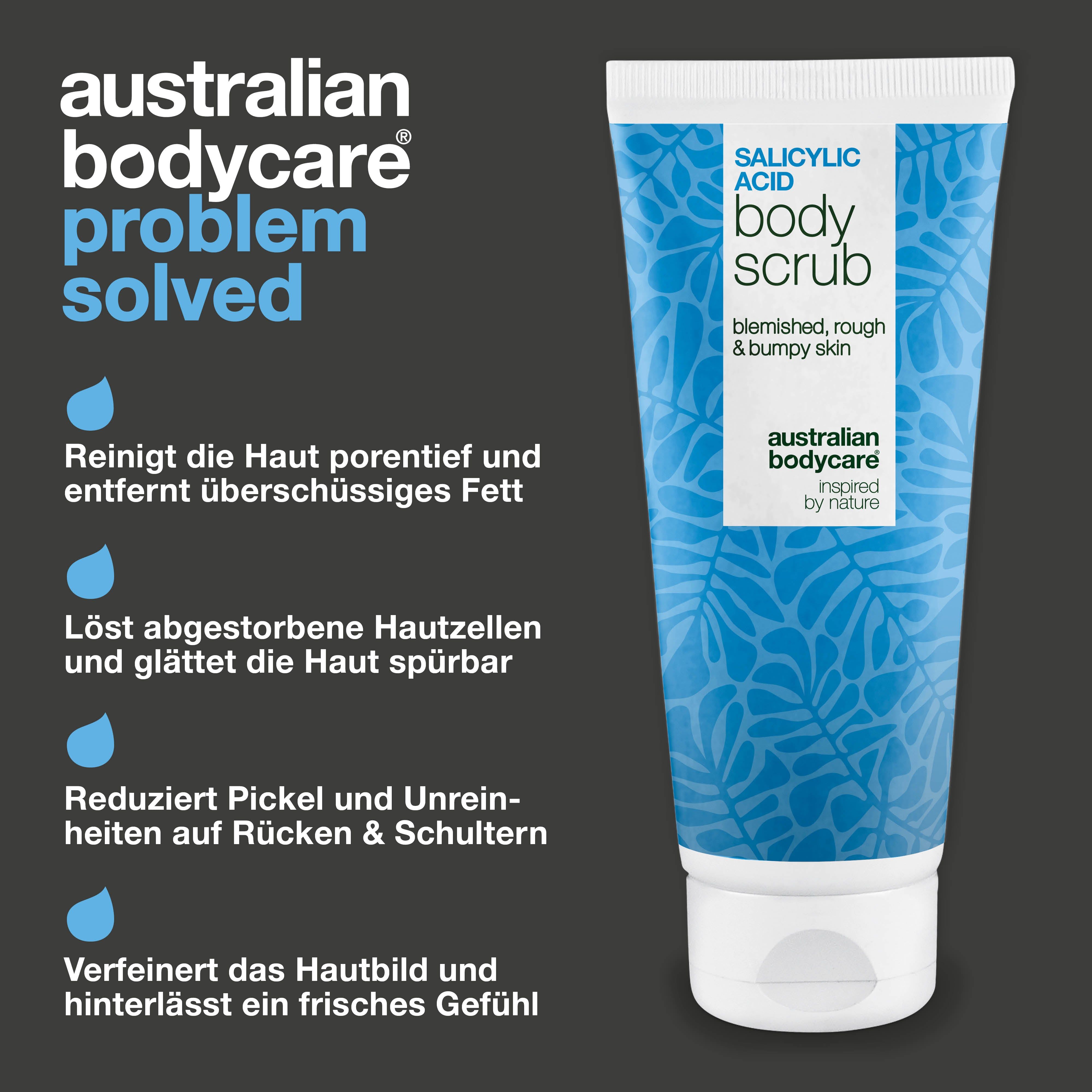 Produkt-Tube mit Text: Salicylsäure Body Scrub. Marke: Australian Bodycare. Text: Problem solved. Blaue Tropfen.