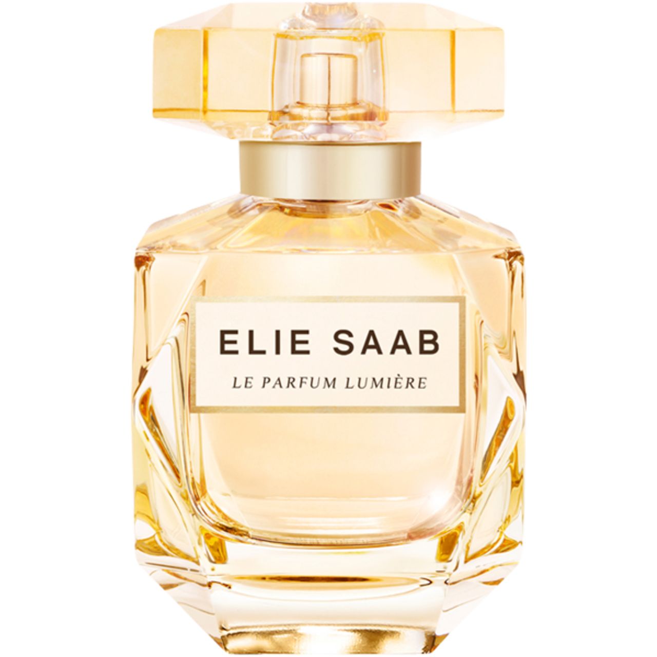 Parfümflakon von Elie Saab Le Parfum Lumière. Goldfarbenes Glas, rechteckige Form, goldener Deckel. Aufschrift.