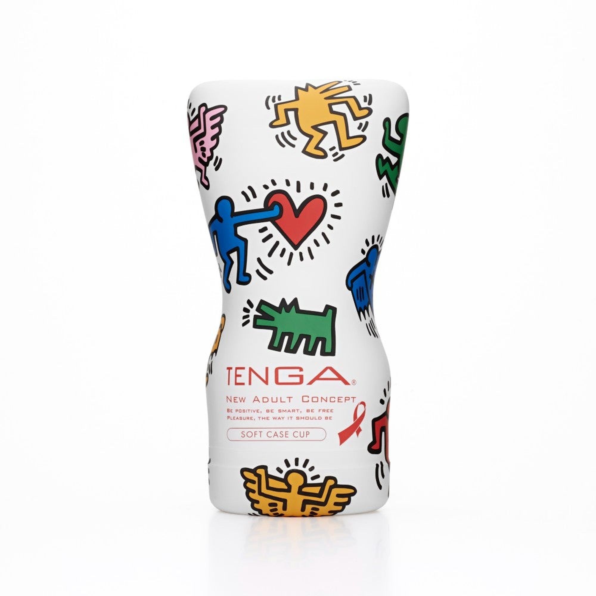 TENGA Soft Tube Cup mit Keith Haring-Design. Weißer Becher mit farbigen Figuren und Logo.