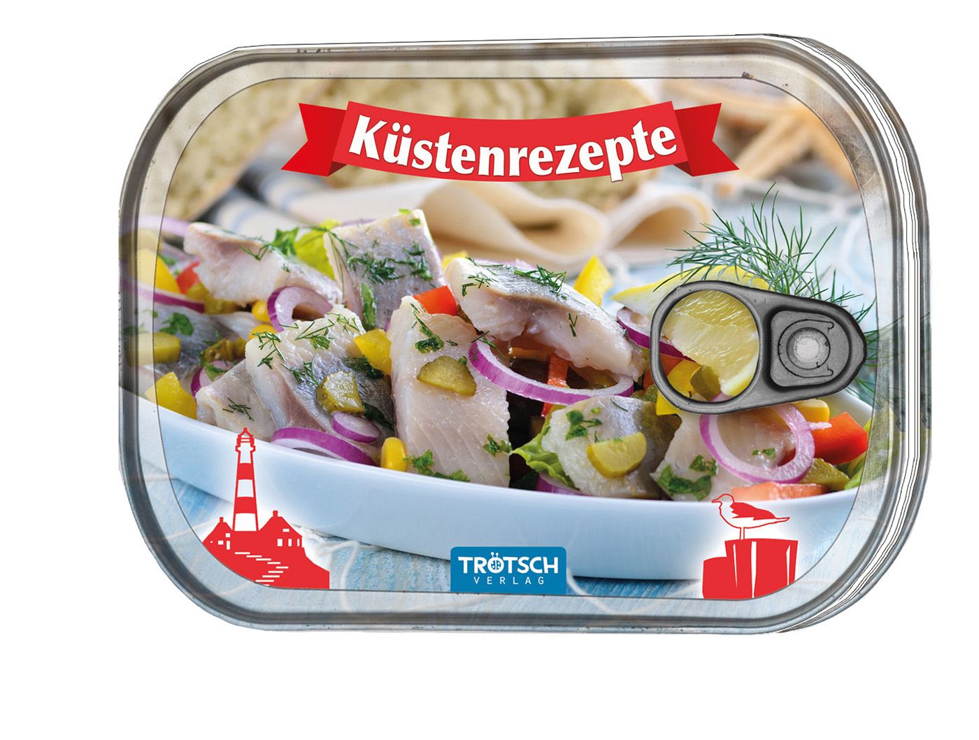 Konservendose mit "Küstenrezepte"-Aufdruck. Gezeigt wird ein Gericht mit Fisch, Zwiebeln und Gemüse. Dose mit Aufreißlasche.