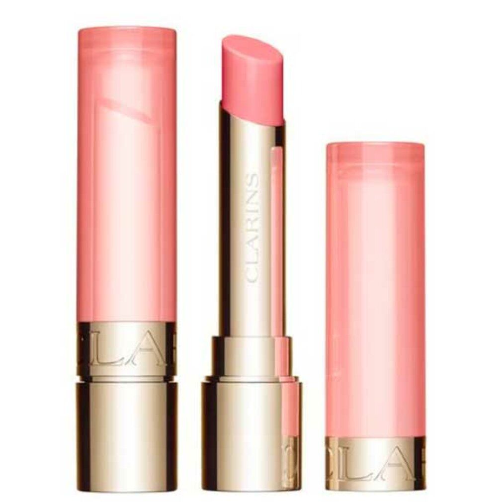 Lippenbalsam mit rosa Stift und Hülle. Marke Clarins sichtbar. Geöffnet und geschlossen dargestellt.