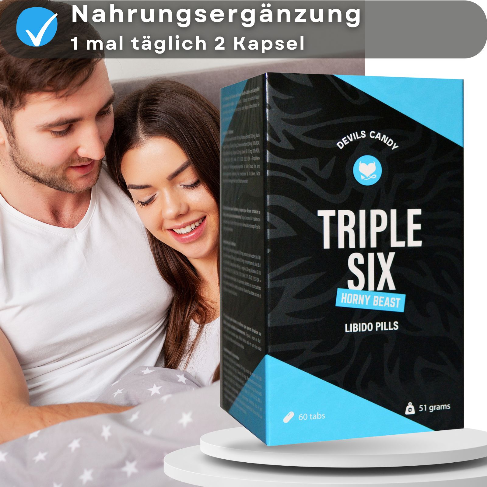 Produktverpackung. Aufschrift: Triple Six, Horny Beast, Libido Pills. 60 Tabletten, 51 Gramm. Paar.