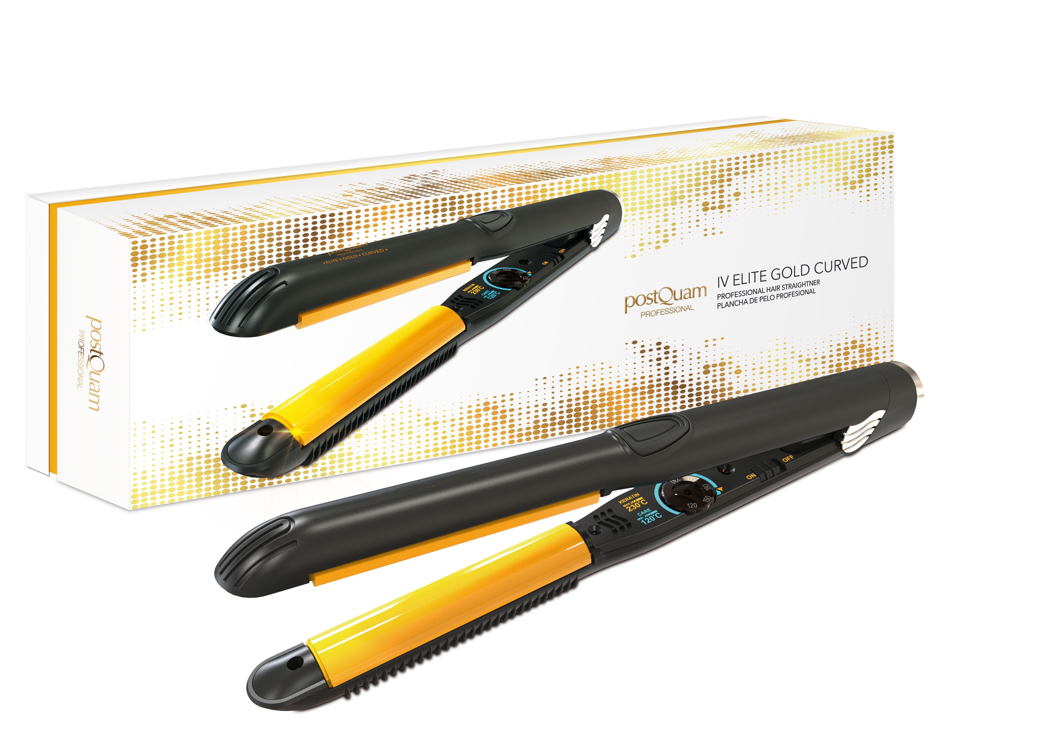 Schwarzes Glätteisen mit gelben Elementen. Aufschrift: Postquam Elite Gold Curved. In Verpackung mit Produktabbildung.