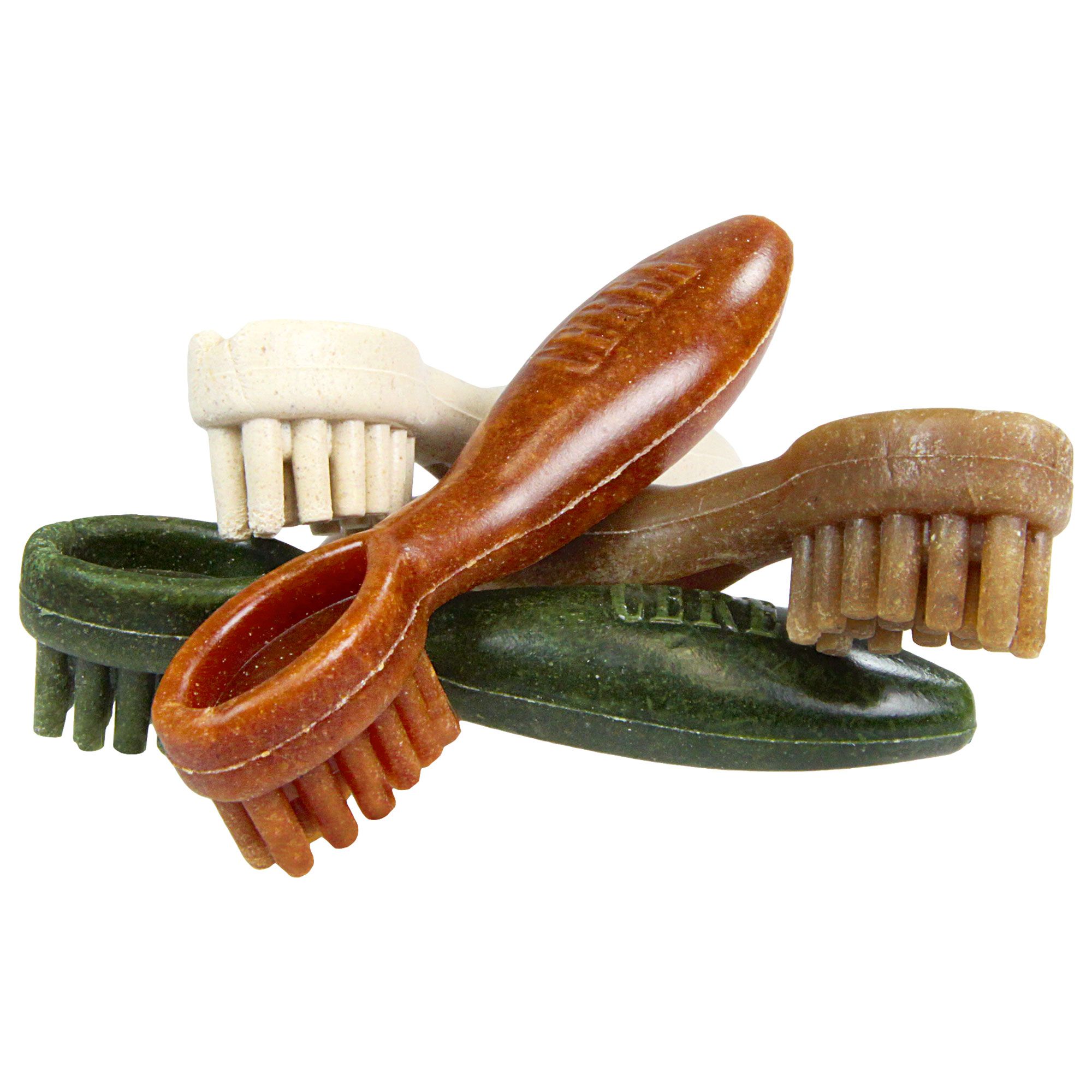 Mehrere Kausnack-Knochen in Form von Zahnbürsten. Verschiedene Farben: Braun, Beige und Grün. Borsten und Griffe sind erkennbar.