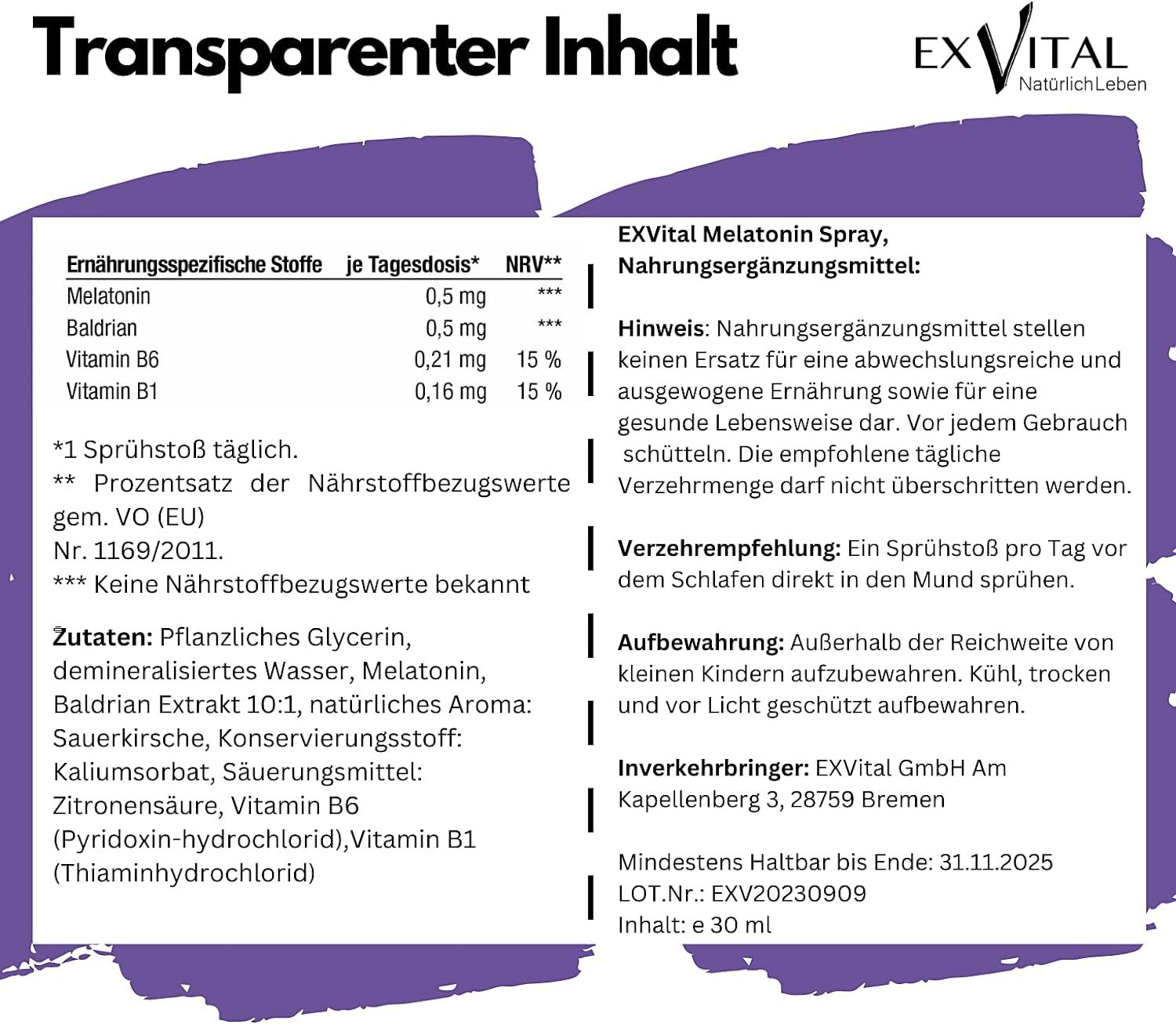Nährwertangaben und Inhaltsstoffe des EXVital Melatonin Sprays.