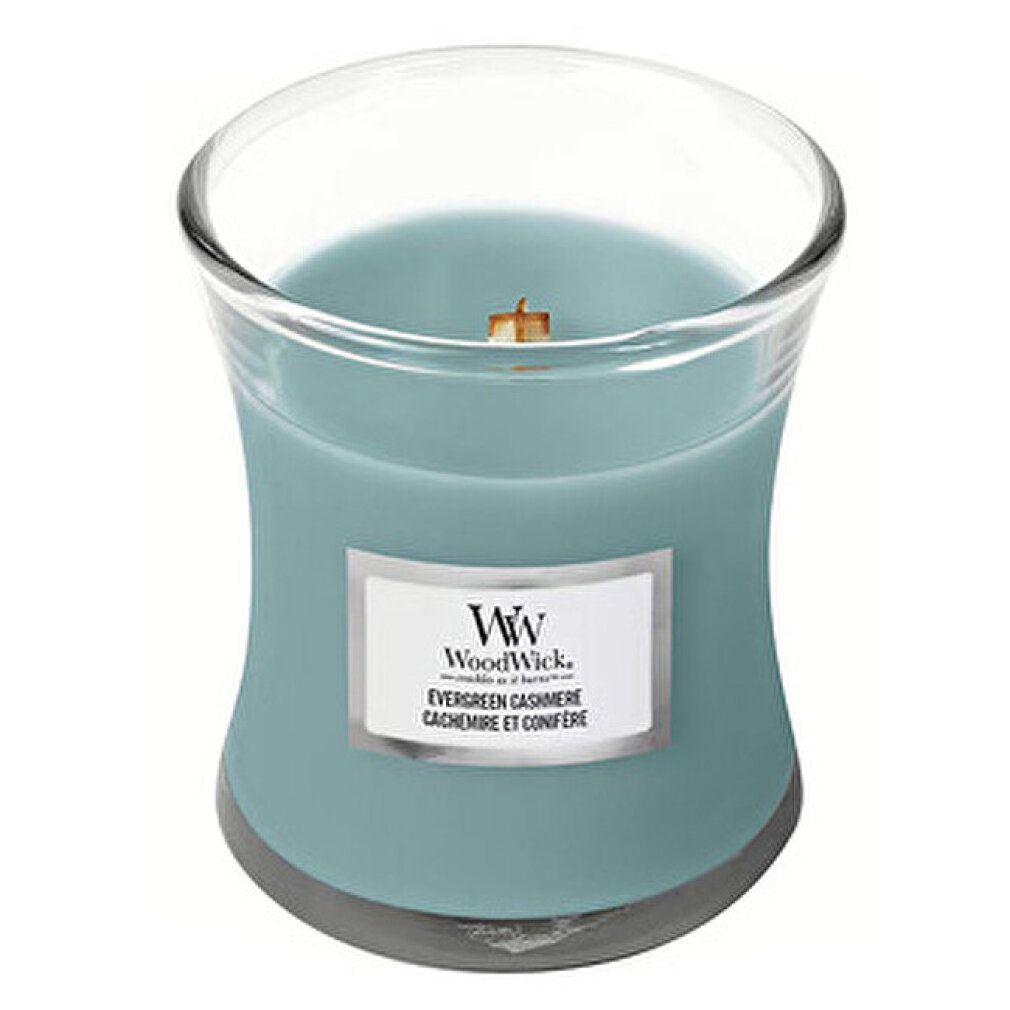 Glasbehälter mit hellblauer Kerze. Holzdocht. Etikett mit Text. WW-Logo. Evergreen Cashmere. Cèdre et Conifère.